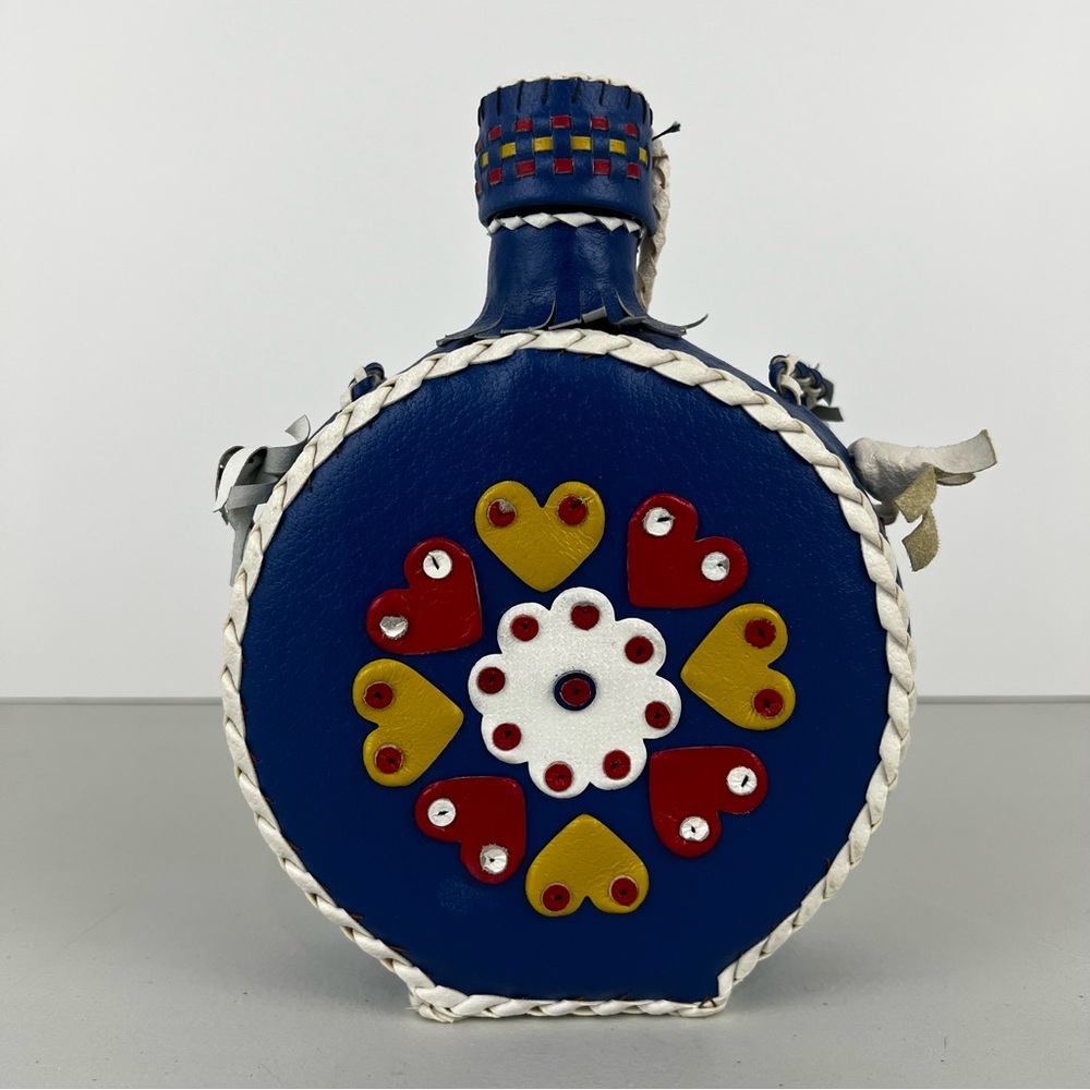 Vintage Folk Art Blue Floral Leather Covered Glass Bottle Canteen Decanter Flask